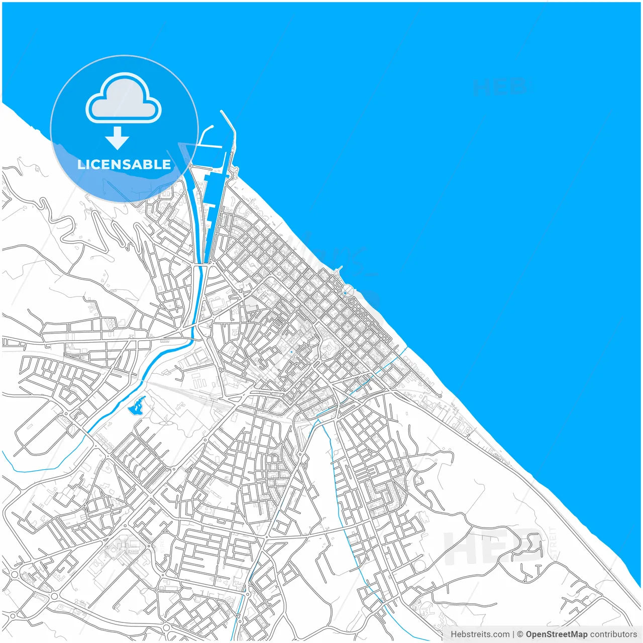 Pesaro, Marche, Italy, city map with high resolution roads.