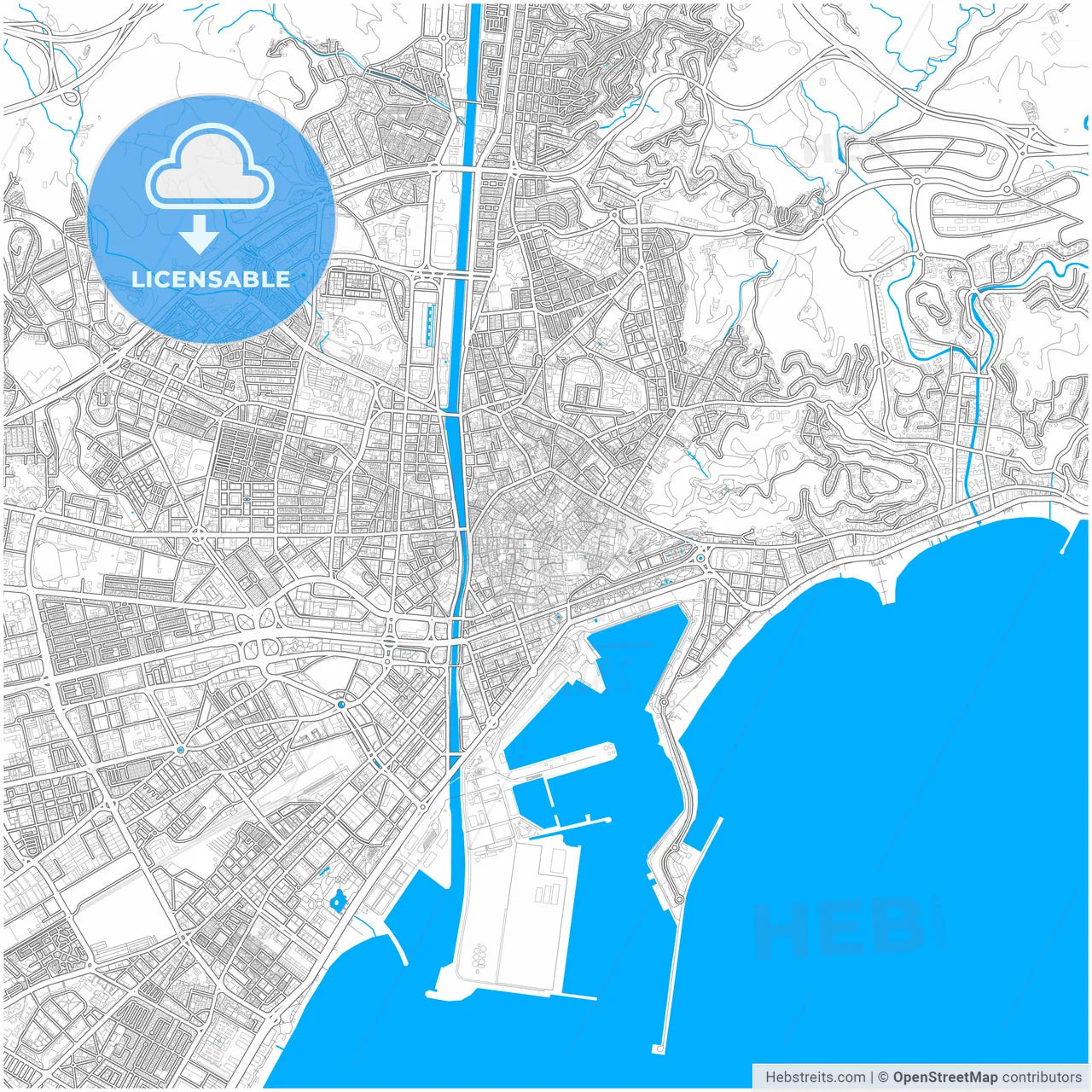 Málaga, Spain, city map with high resolution roads.