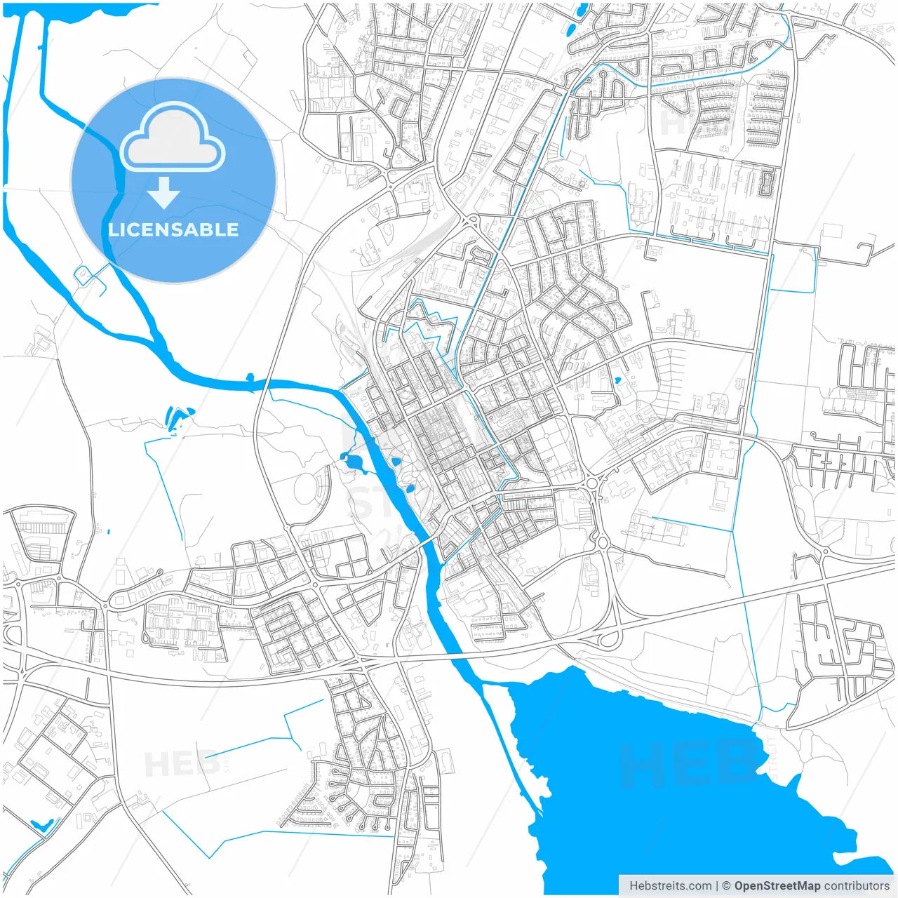 Kristianstad, Sweden, city map with high resolution roads.