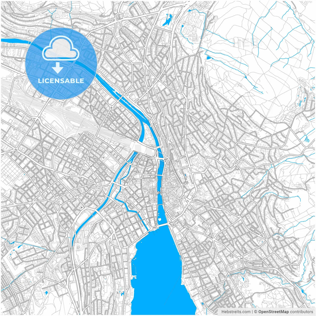 Zürich, Switzerland, city map with high resolution roads.