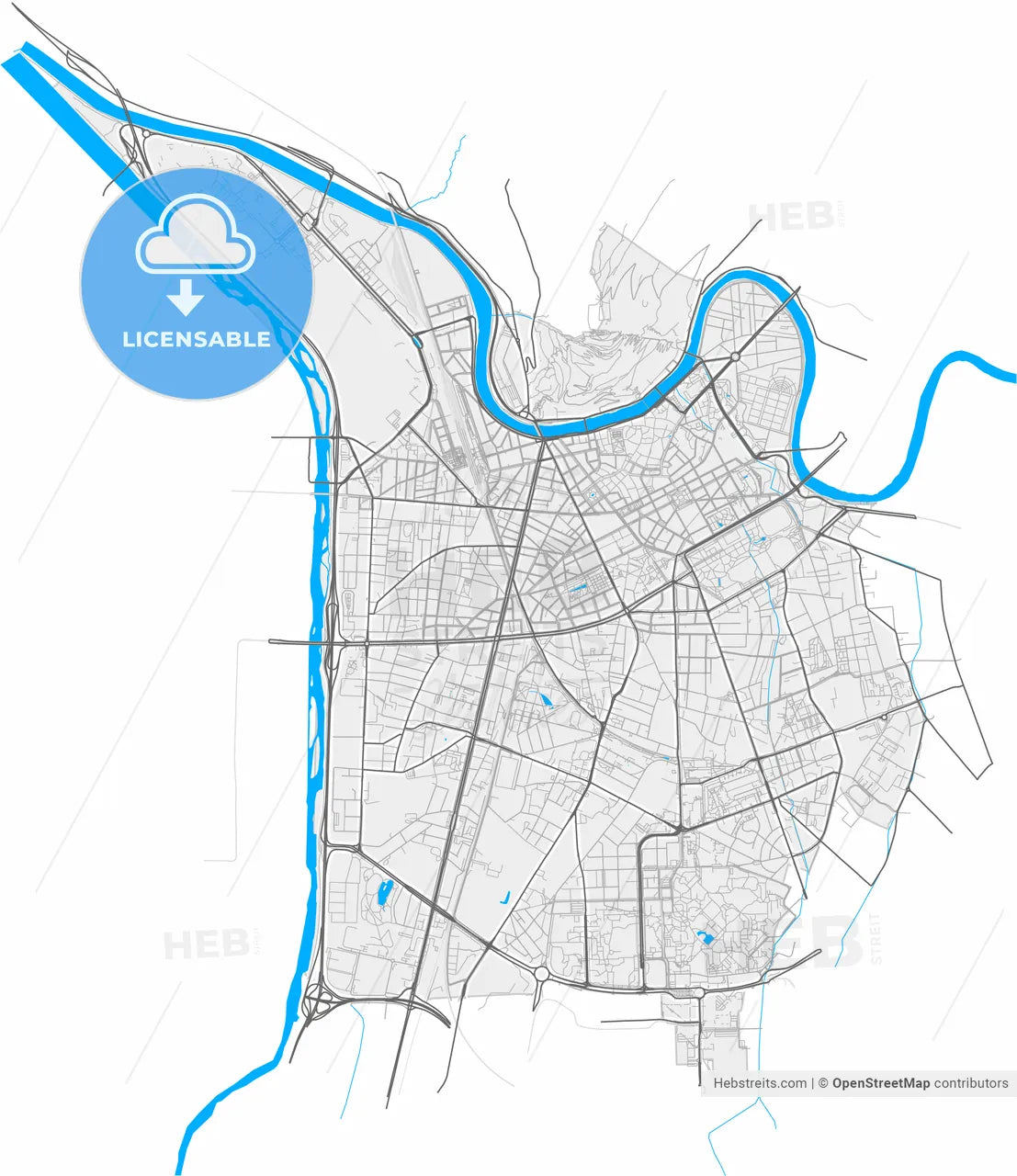 Grenoble, Isère, France, high resolution vector map - Instant download PDF and JPG