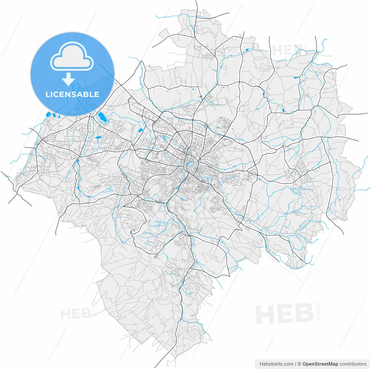 Detmold, North Rhine-Westphalia, Germany, high resolution vector map - Instant download PDF and JPG