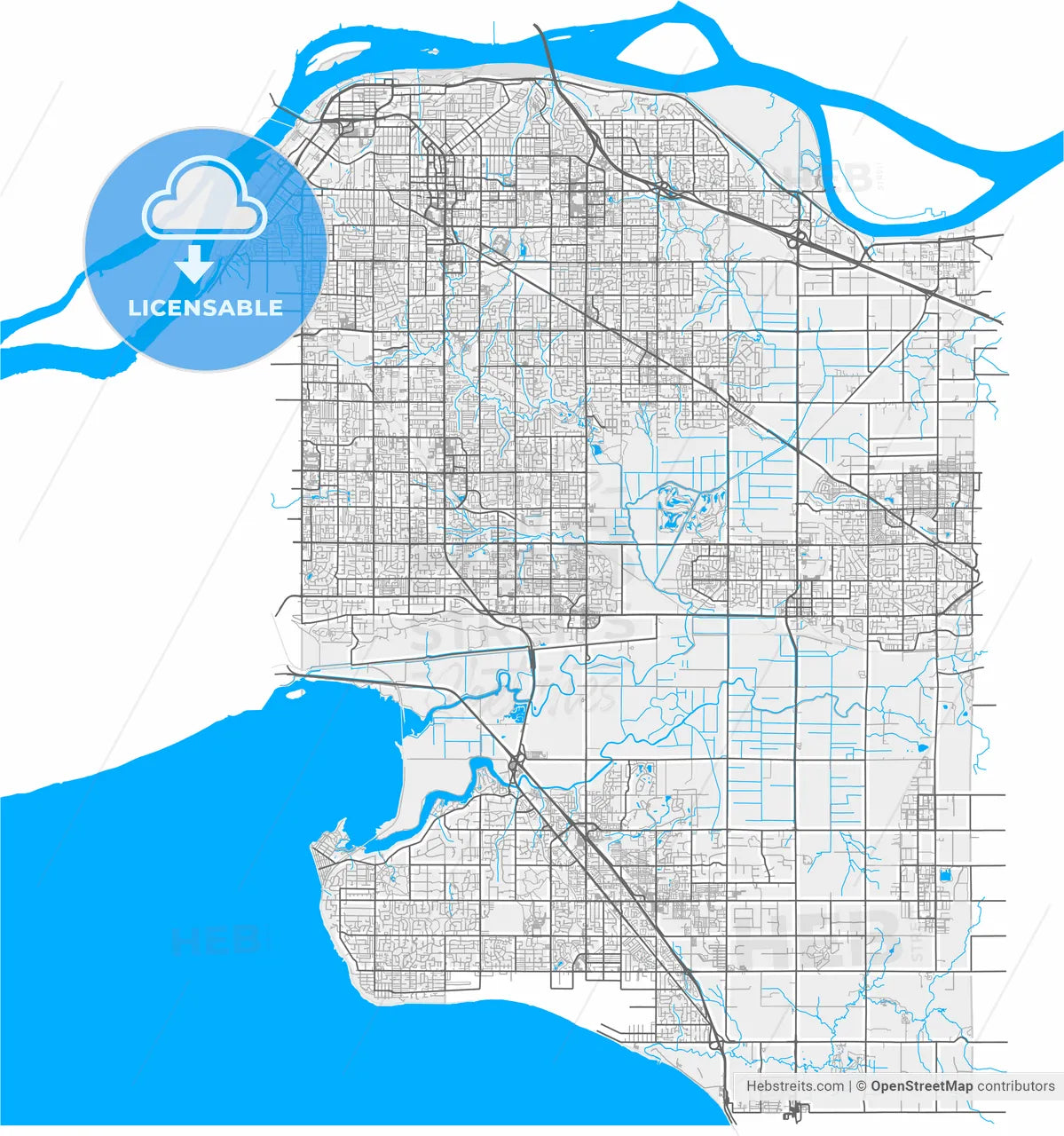 Surrey, British Columbia, Canada, high resolution vector map - Instant download PDF and JPG