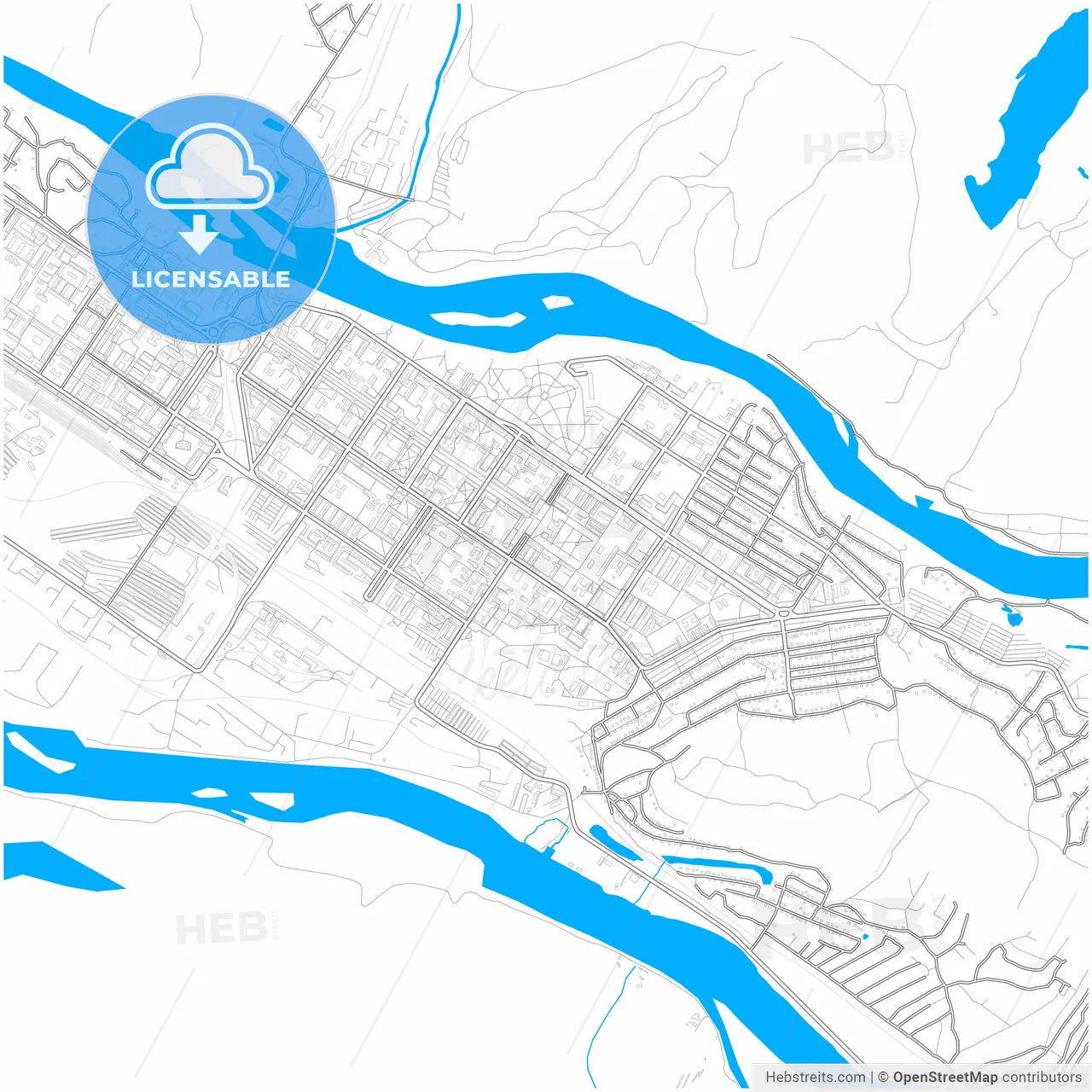 Mezhdurechensk, Kemerovo Oblast, Russia, city map with high resolution roads.