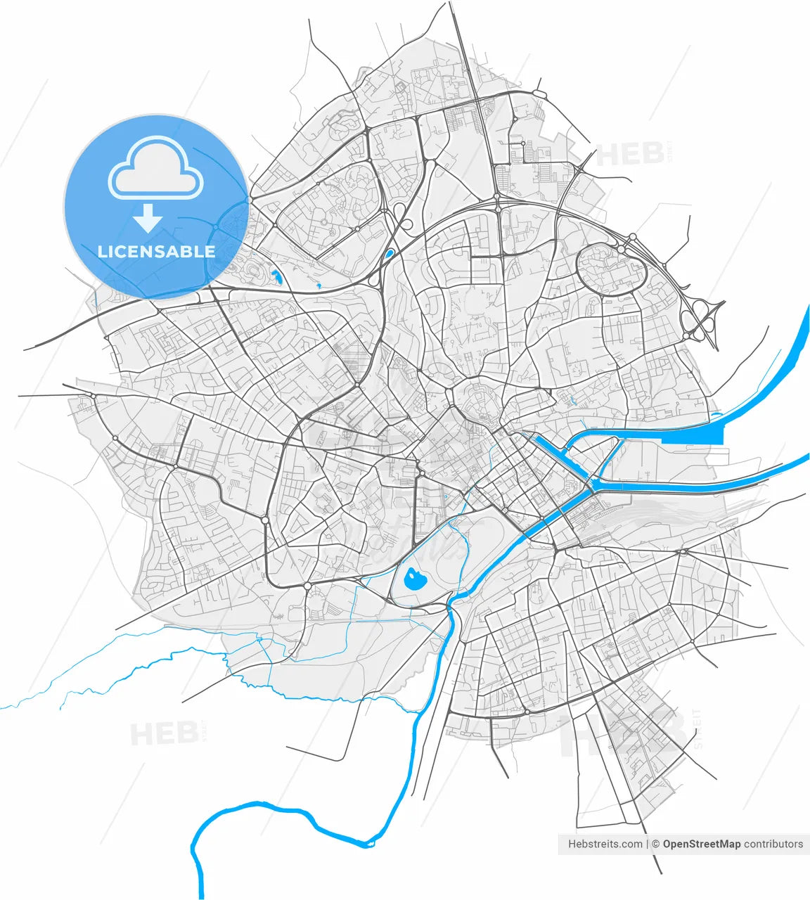 Caen, Calvados, France, high resolution vector map - Instant download PDF and JPG