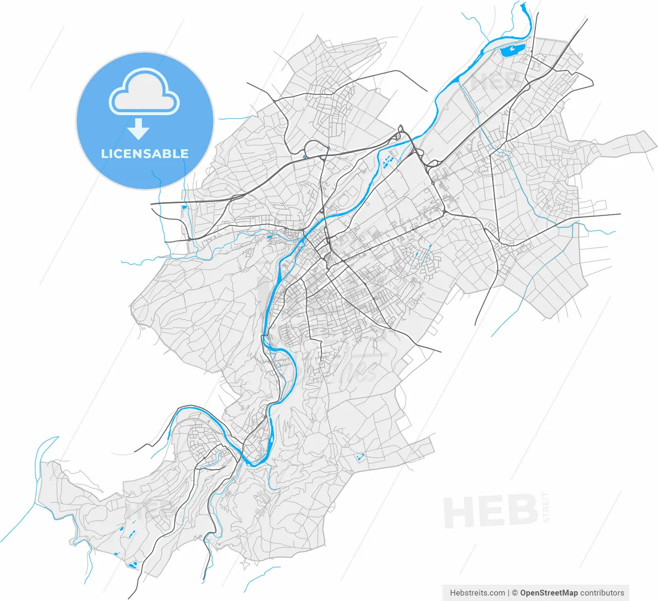 Bad Kreuznach, Rheinland-Pfalz, Germany, high resolution vector map - Instant download PDF and JPG