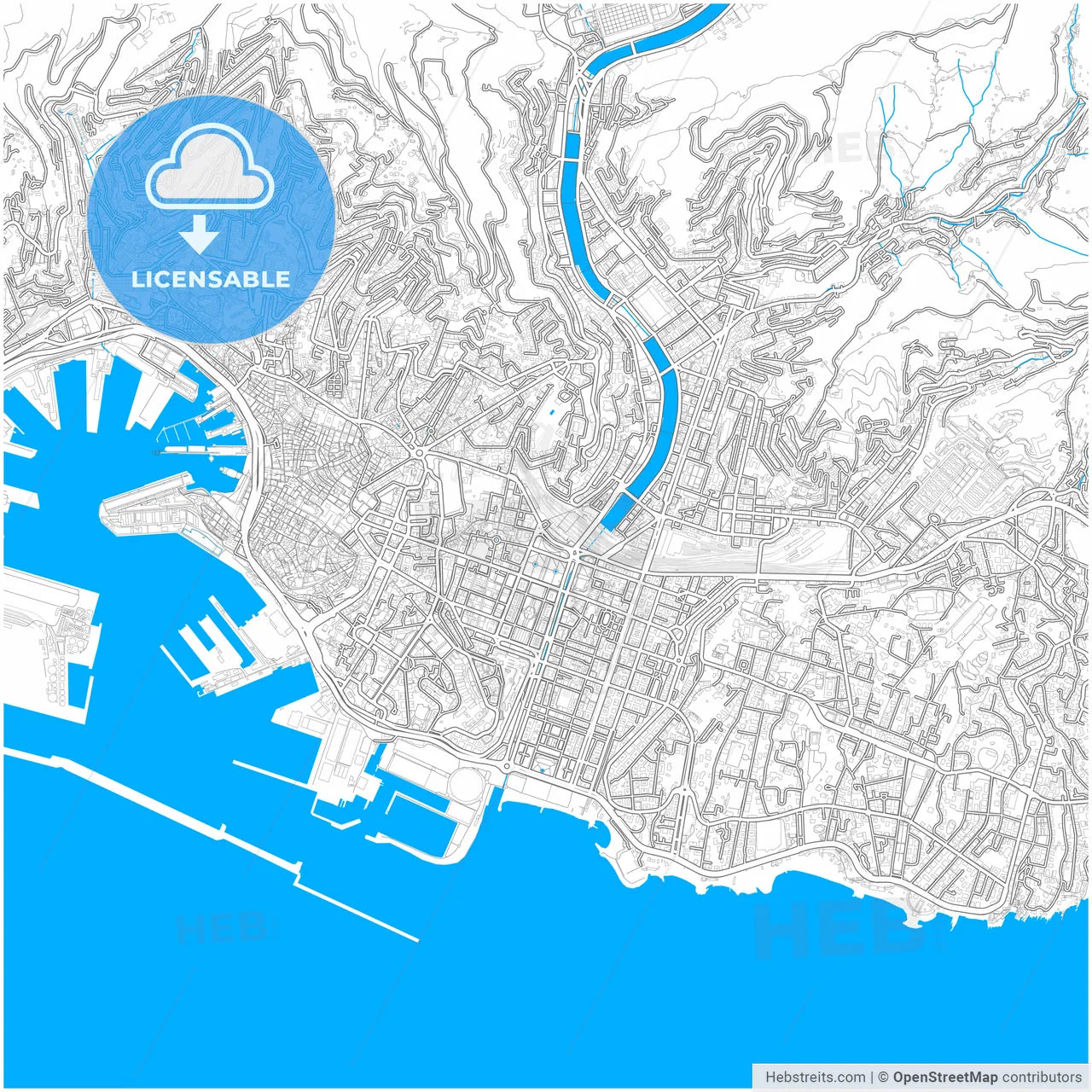 Genoa, Liguria, Italy, city map with high resolution roads.