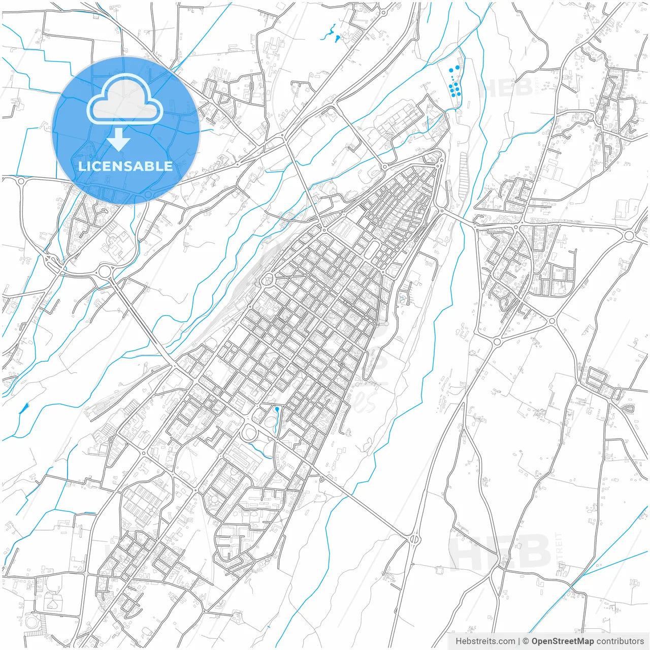 Cuneo, Piedmont, Italy, city map with high resolution roads.