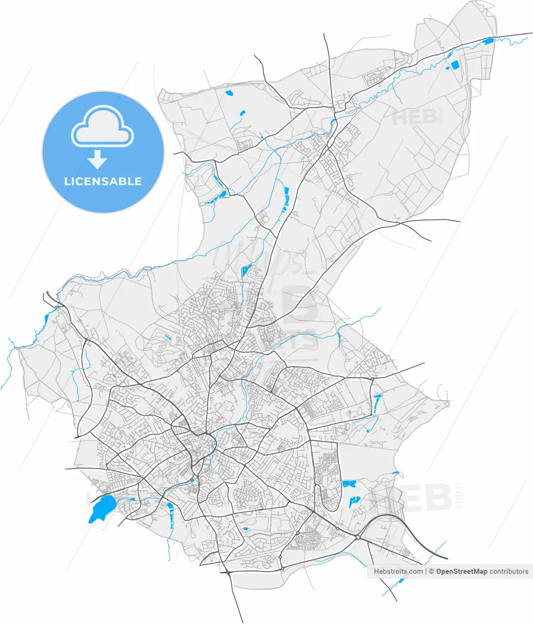 Mansfield, East Midlands, England, high resolution vector map - Instant download PDF and JPG