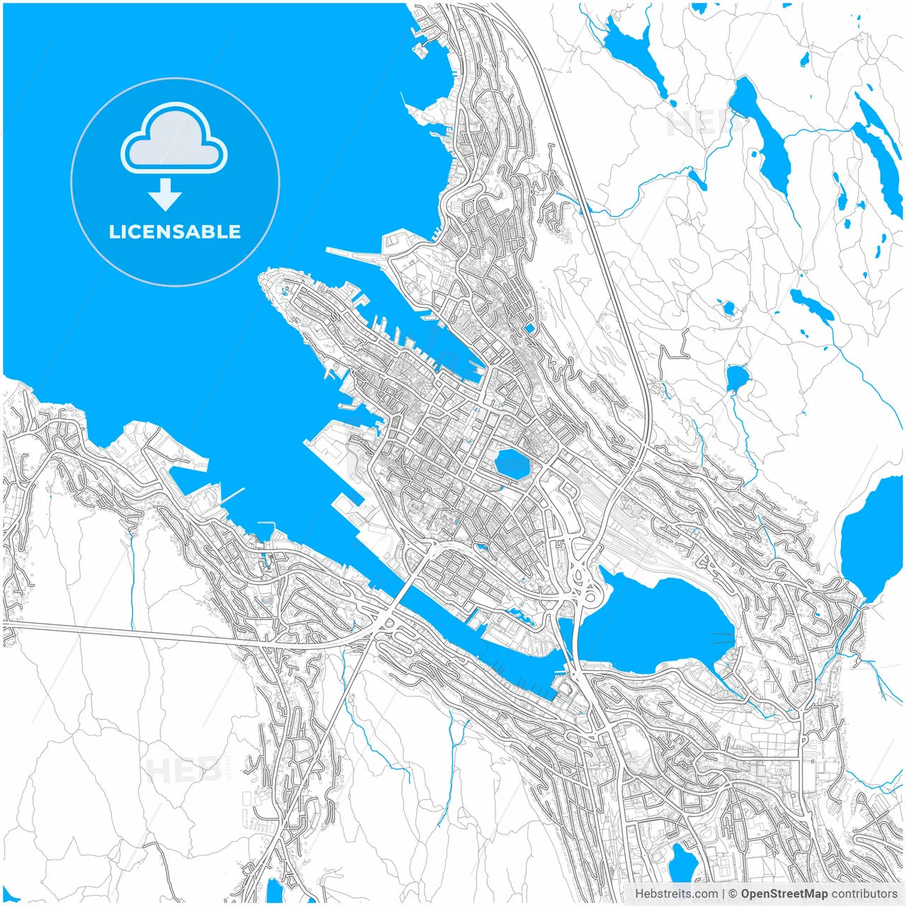 Bergen, Hordaland, Norway, city map with high resolution roads.