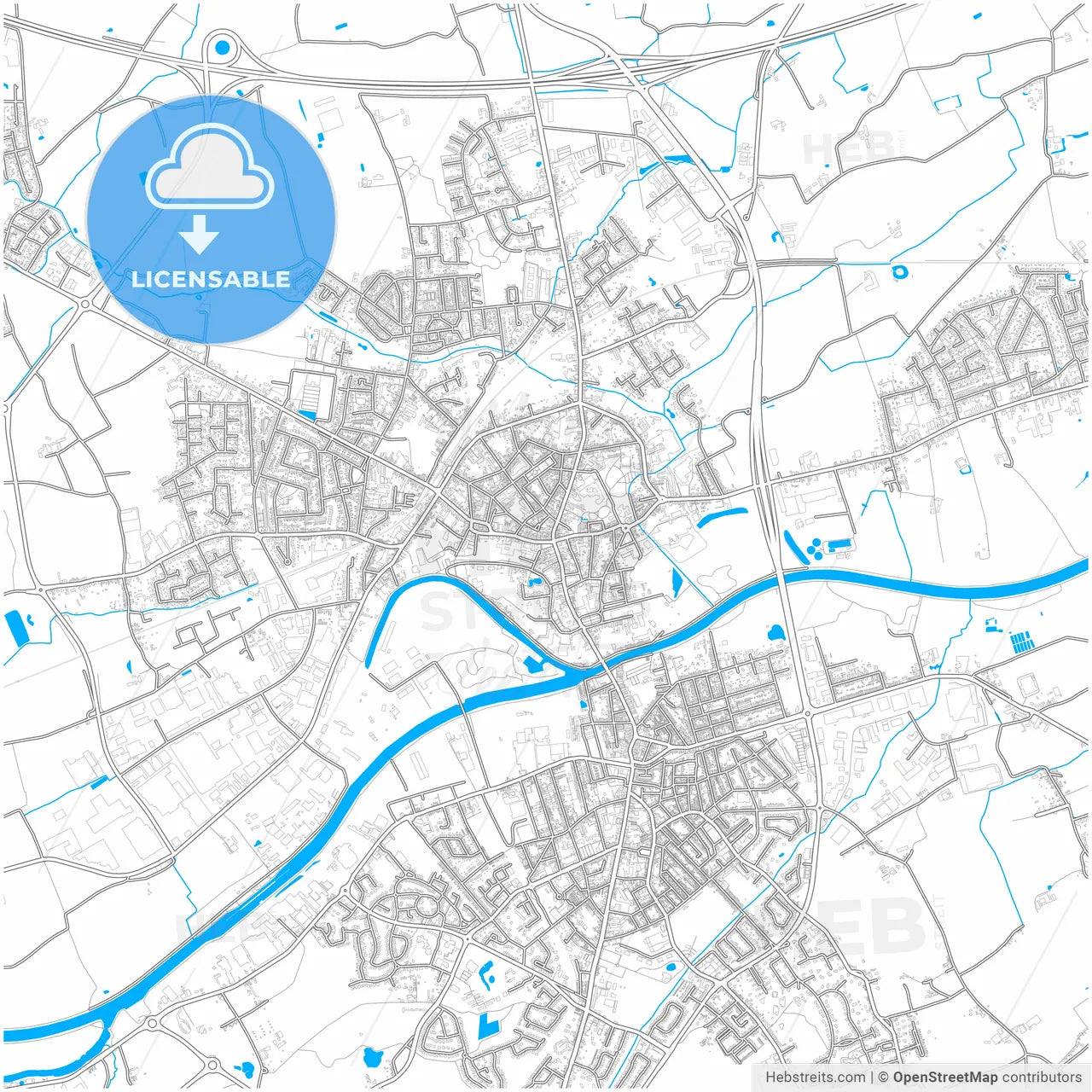 Menen, West Flanders, Belgium, city map with high resolution roads.