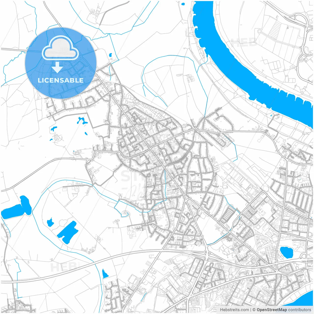 Meerbusch, North Rhine-Westphalia, Germany, city map with high resolution roads.