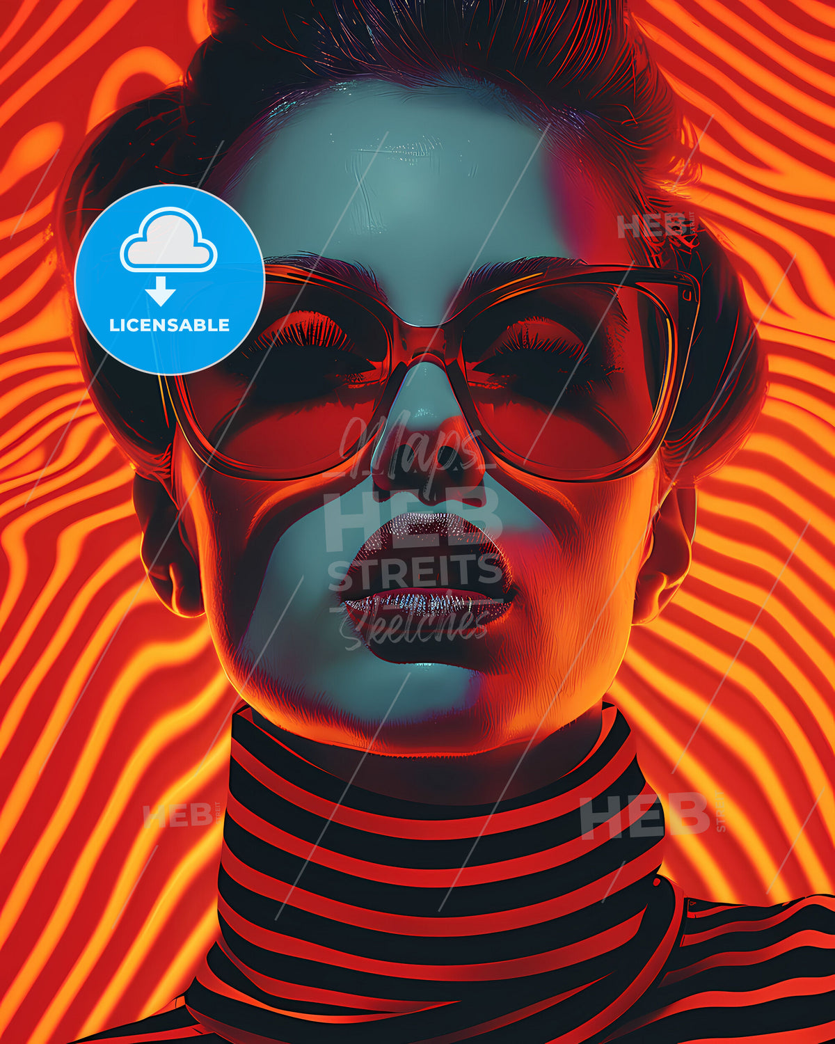 80s Op-Art Style Woman Portrait with Glasses and Striped Turtleneck, Vibrant Painting, Art Deco Inspired