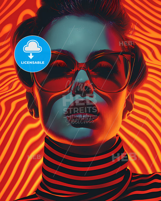 80s Op-Art Style Woman Portrait with Glasses and Striped Turtleneck, Vibrant Painting, Art Deco Inspired