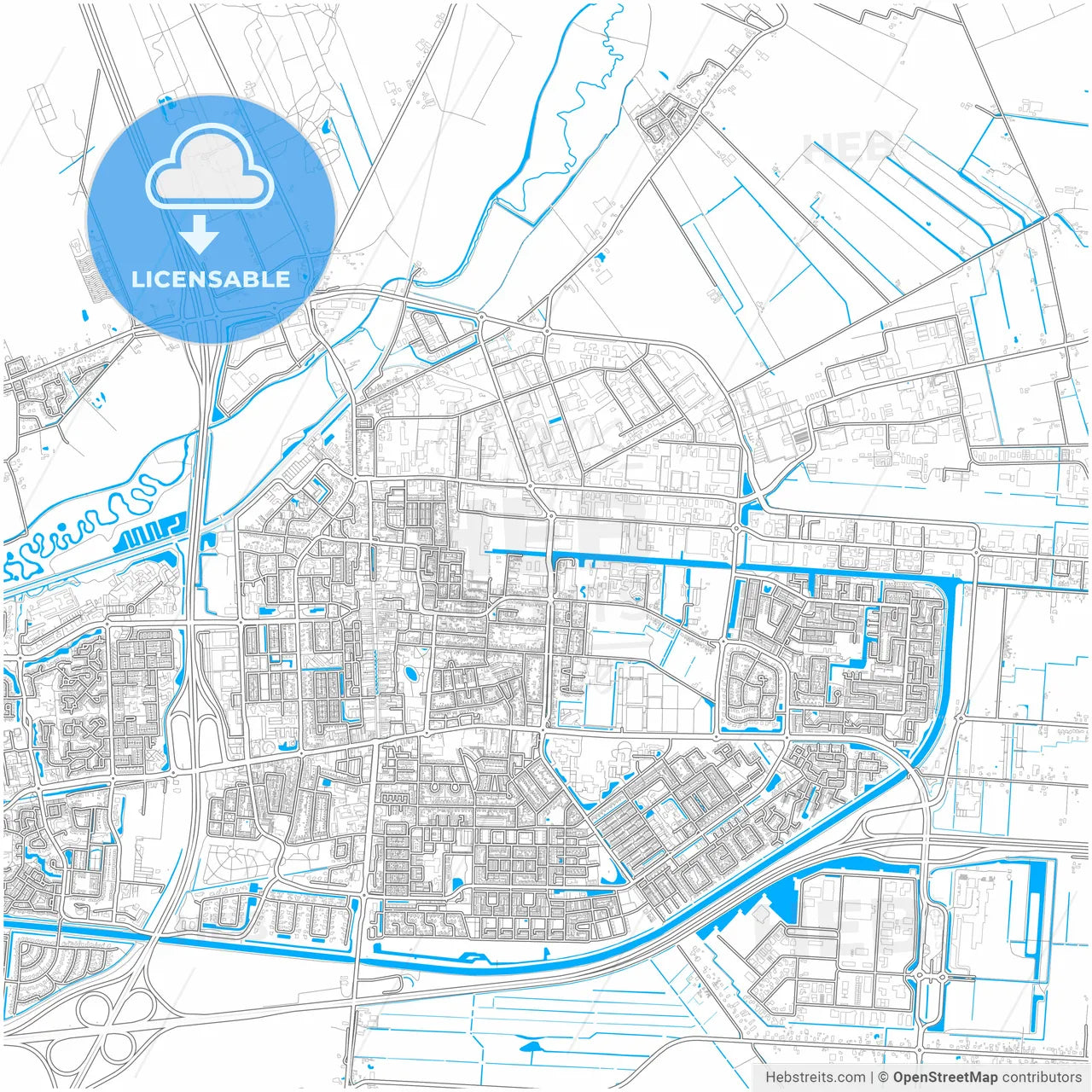 Hoogeveen, Drenthe, Netherlands, city map with high resolution roads.