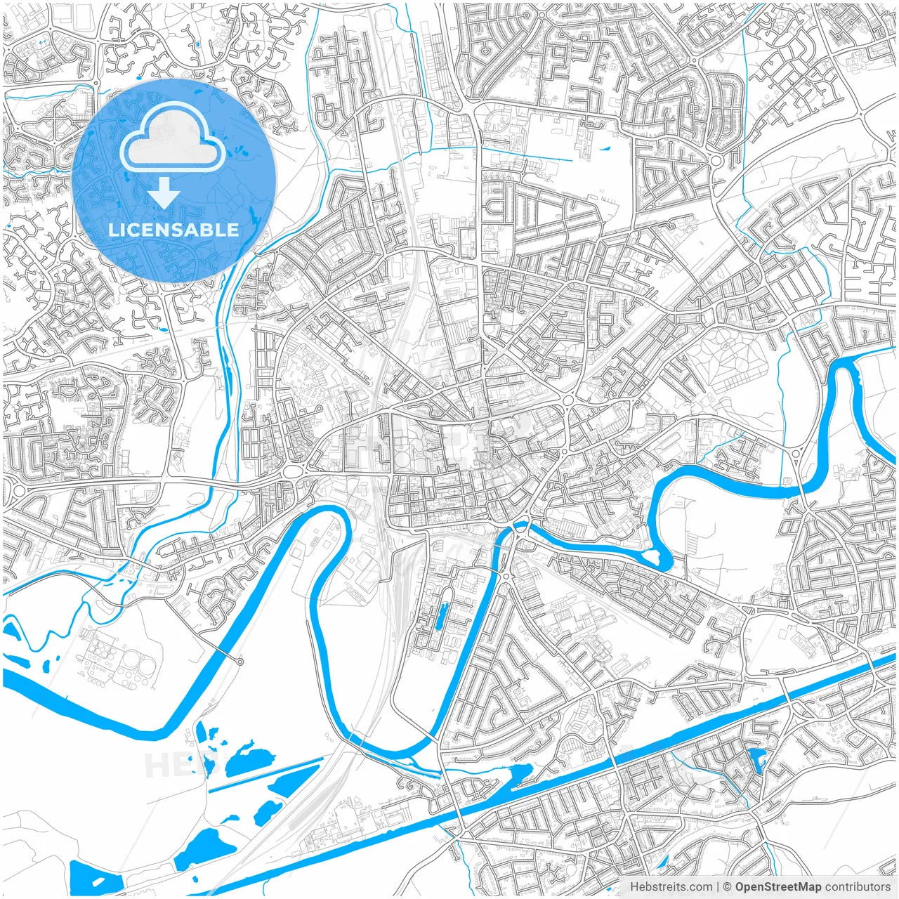 Warrington, North West England, England, city map with high resolution roads.