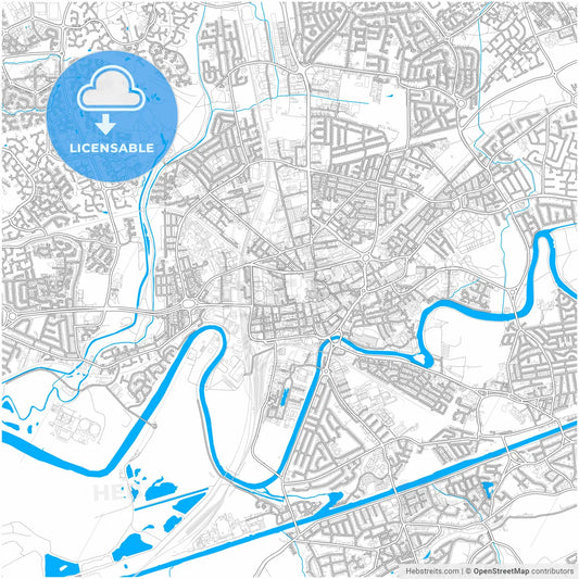 Warrington, North West England, England, city map with high resolution roads.