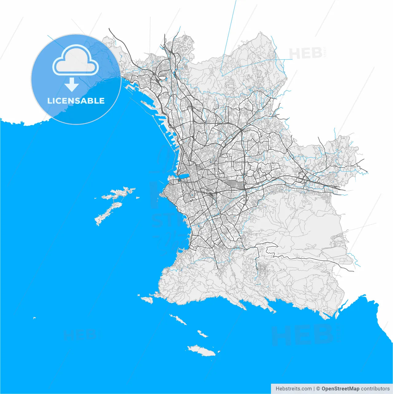 Marseille, Bouches-du-Rhône, France, high resolution vector map - Instant download PDF and JPG