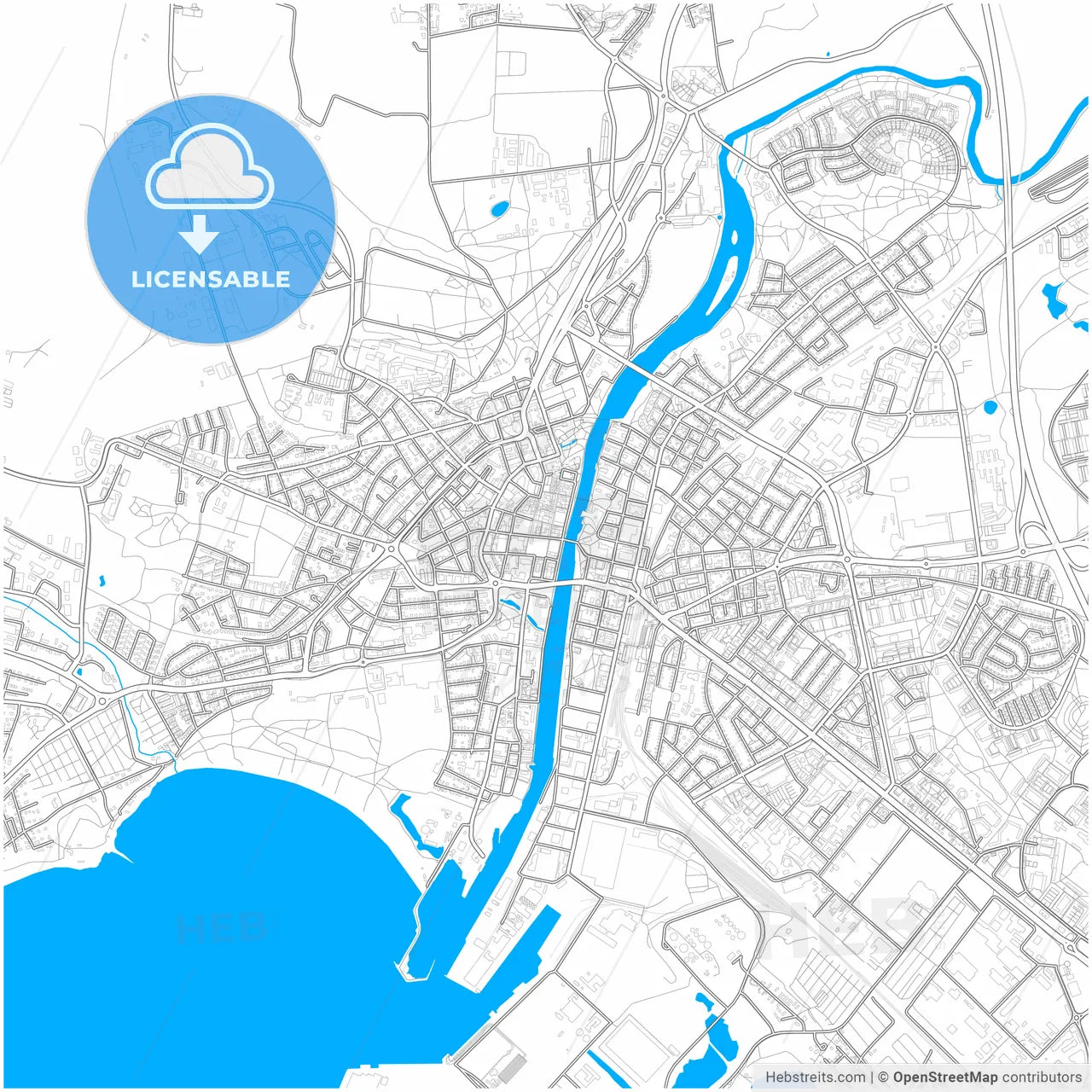 Halmstad, Sweden, city map with high resolution roads.