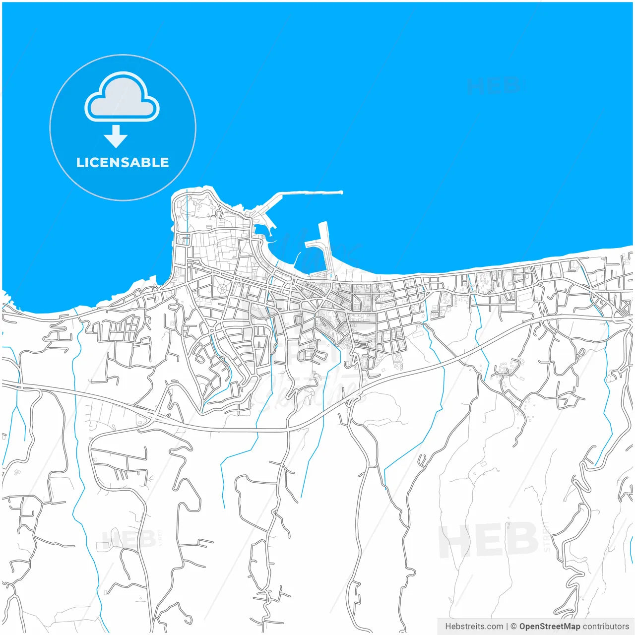 Rethymno, Crete, Greece, city map with high resolution roads.
