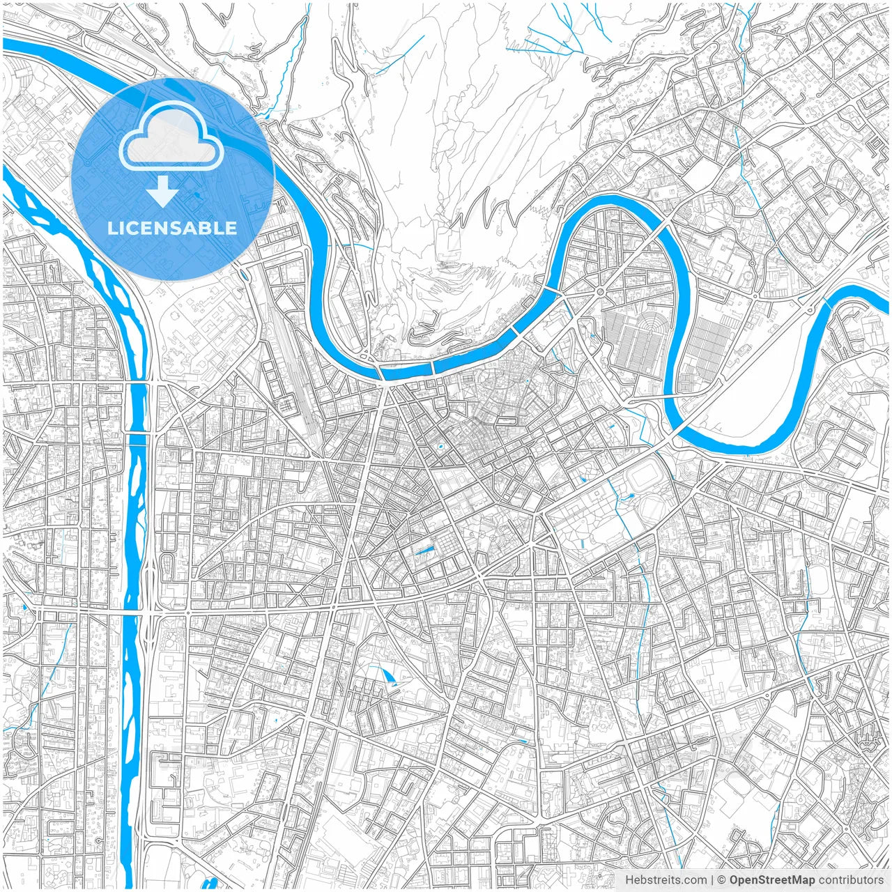 Grenoble, Isère, France, city map with high resolution roads.