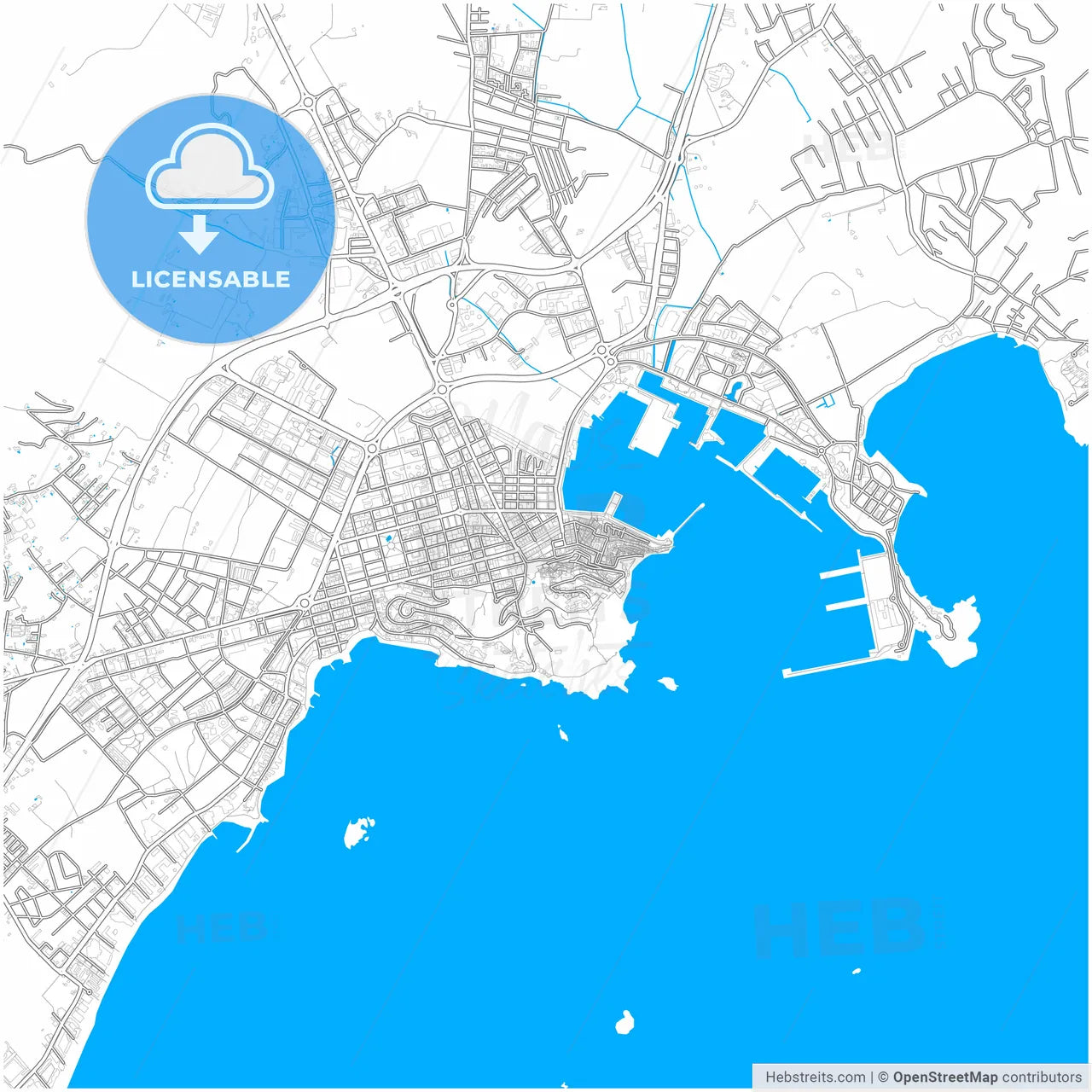 Ibiza Town, Balearic Islands, Spain, city map with high resolution roads.
