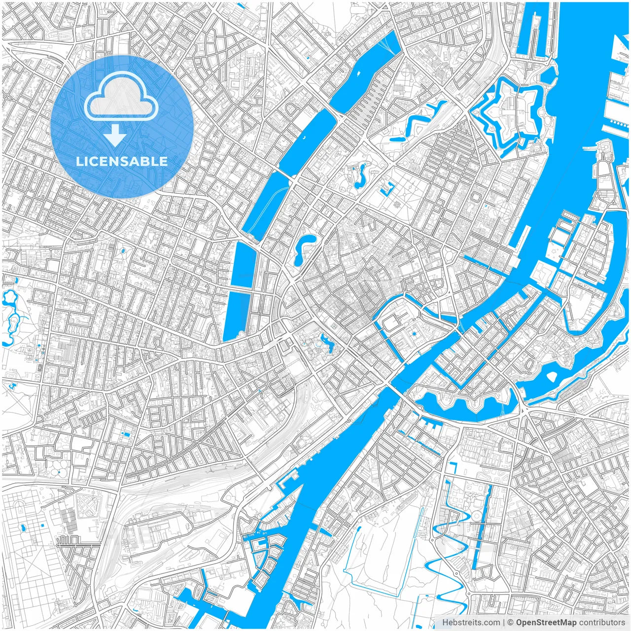 Copenhagen, Denmark, city map with high resolution roads.