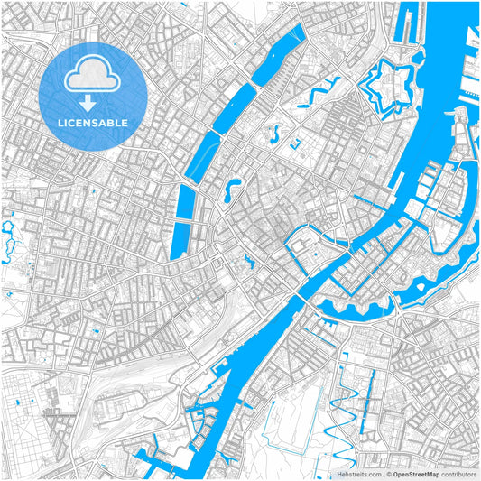 Copenhagen, Denmark, city map with high resolution roads.