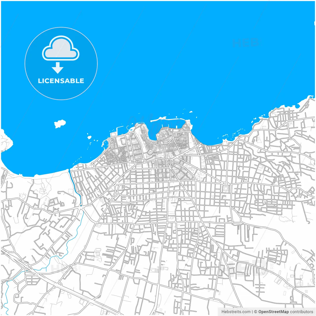 Chania, Crete, Greece, city map with high resolution roads.