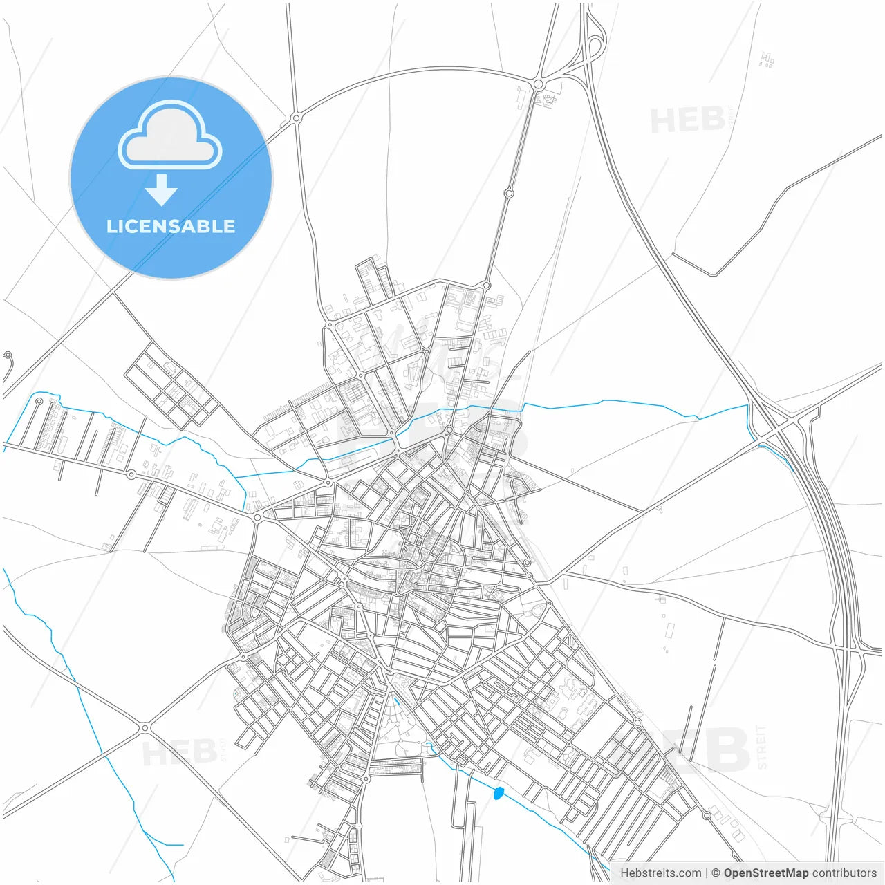 Almendralejo, Badajoz, Spain, city map with high resolution roads.
