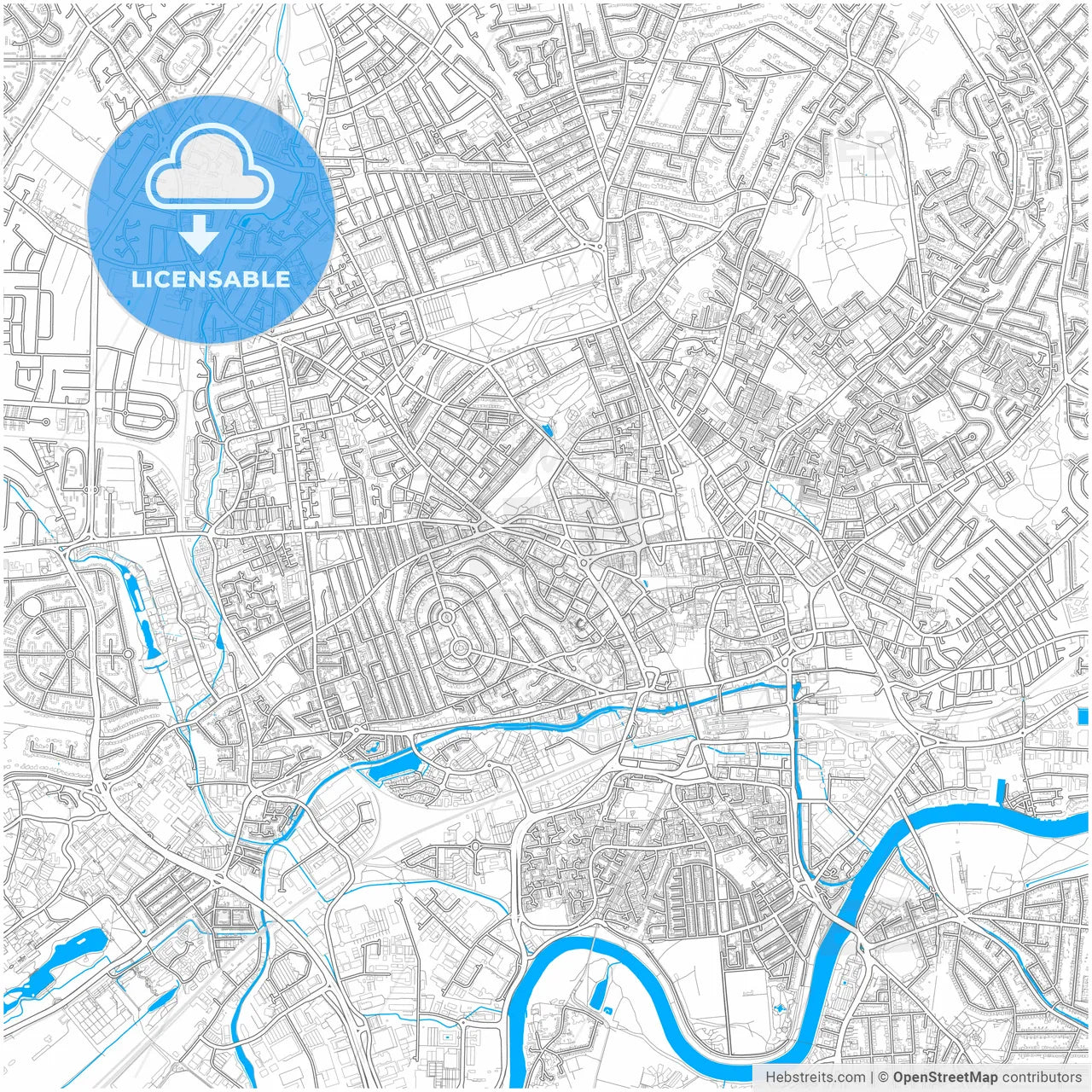 Nottingham, East Midlands, England, city map with high resolution roads.