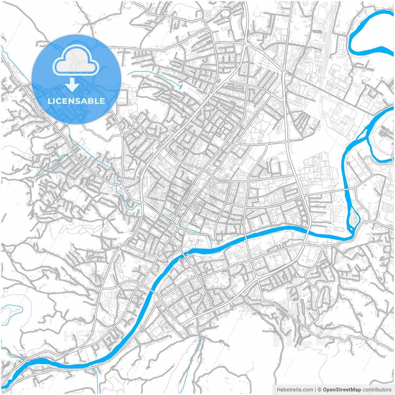 Banja Luka, Bosnia and Herzegovina, city map with high resolution roads.