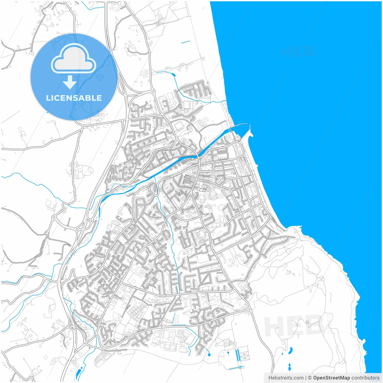 Bray, County Wicklow &amp; County Dublin, Ireland, city map with high resolution roads.