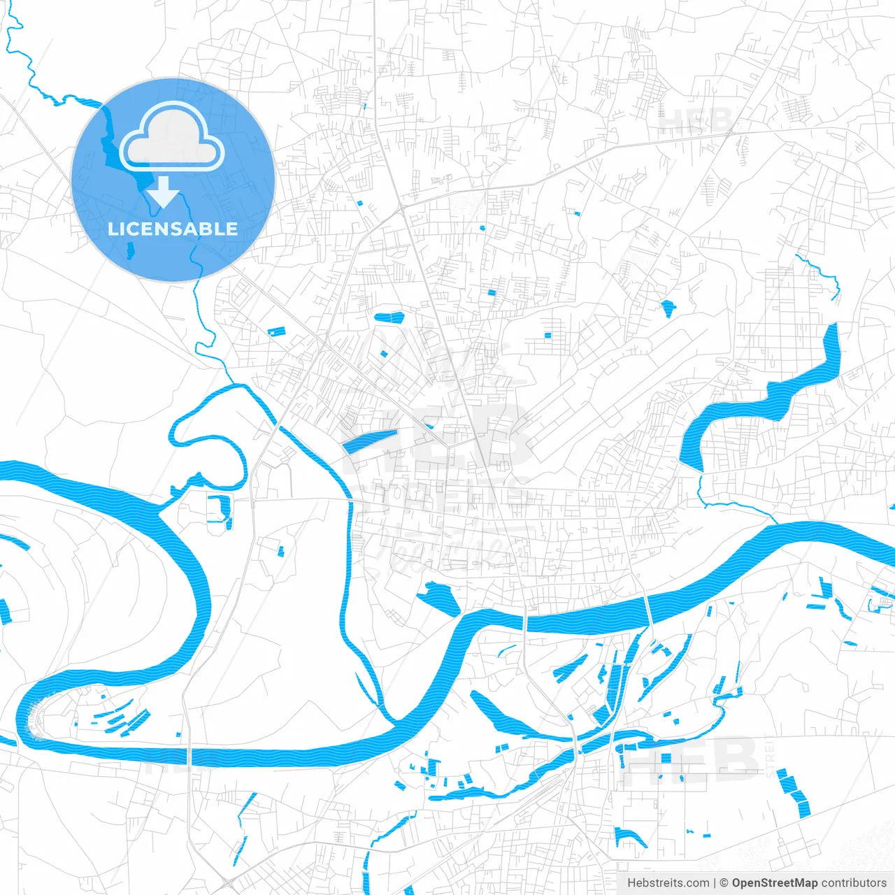 Ubon Ratchathani, Thailand PDF vector map with water in focus