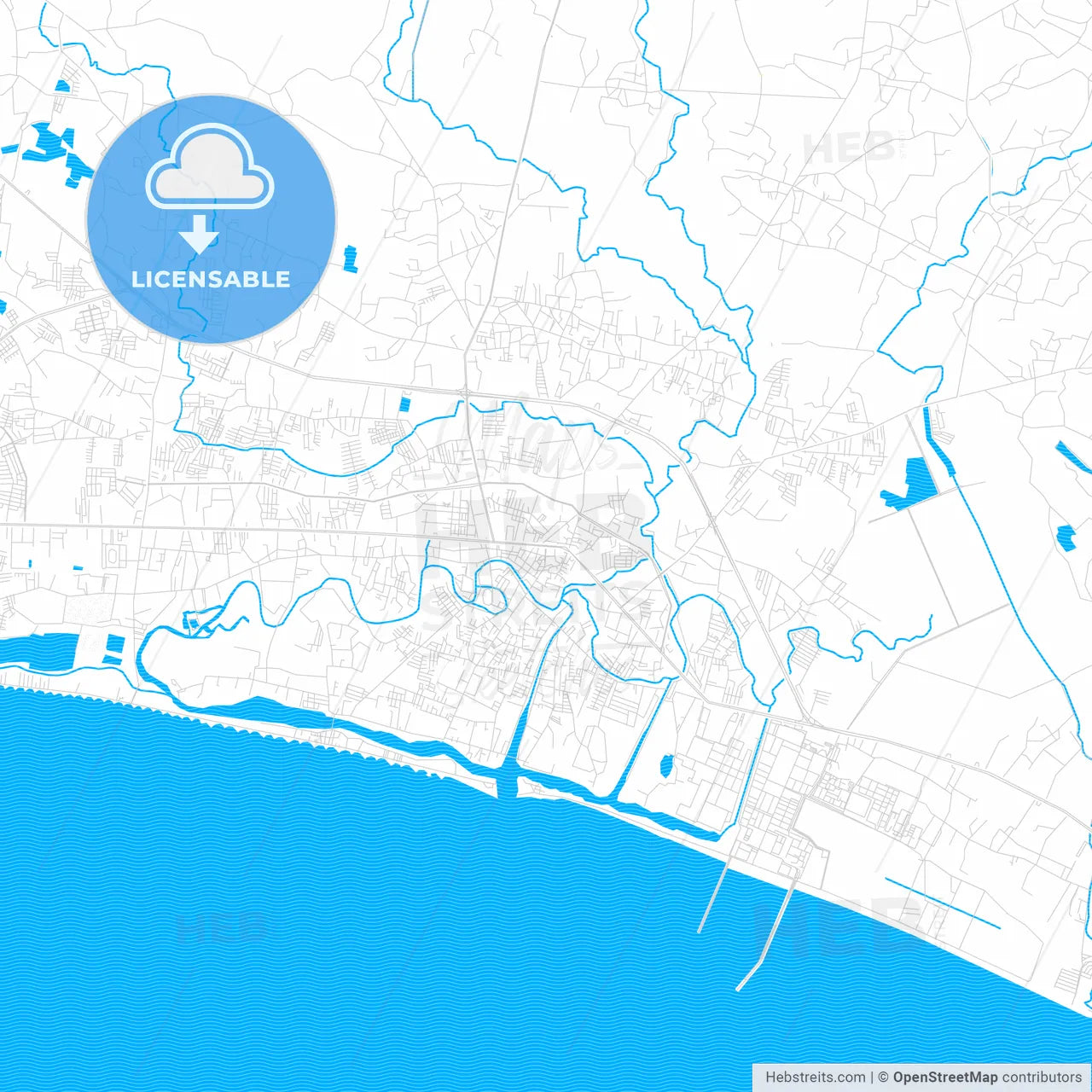 Rayong, Thailand PDF vector map with water in focus