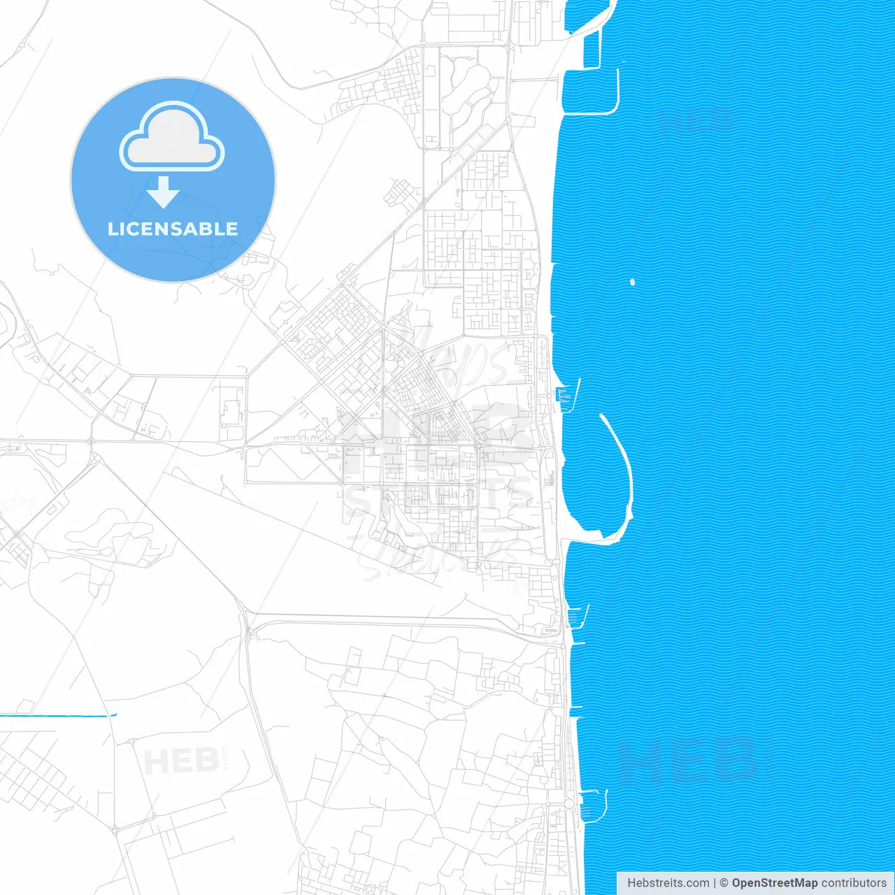 Reef Al Fujairah City, United Arab Emirates PDF vector map with water in focus