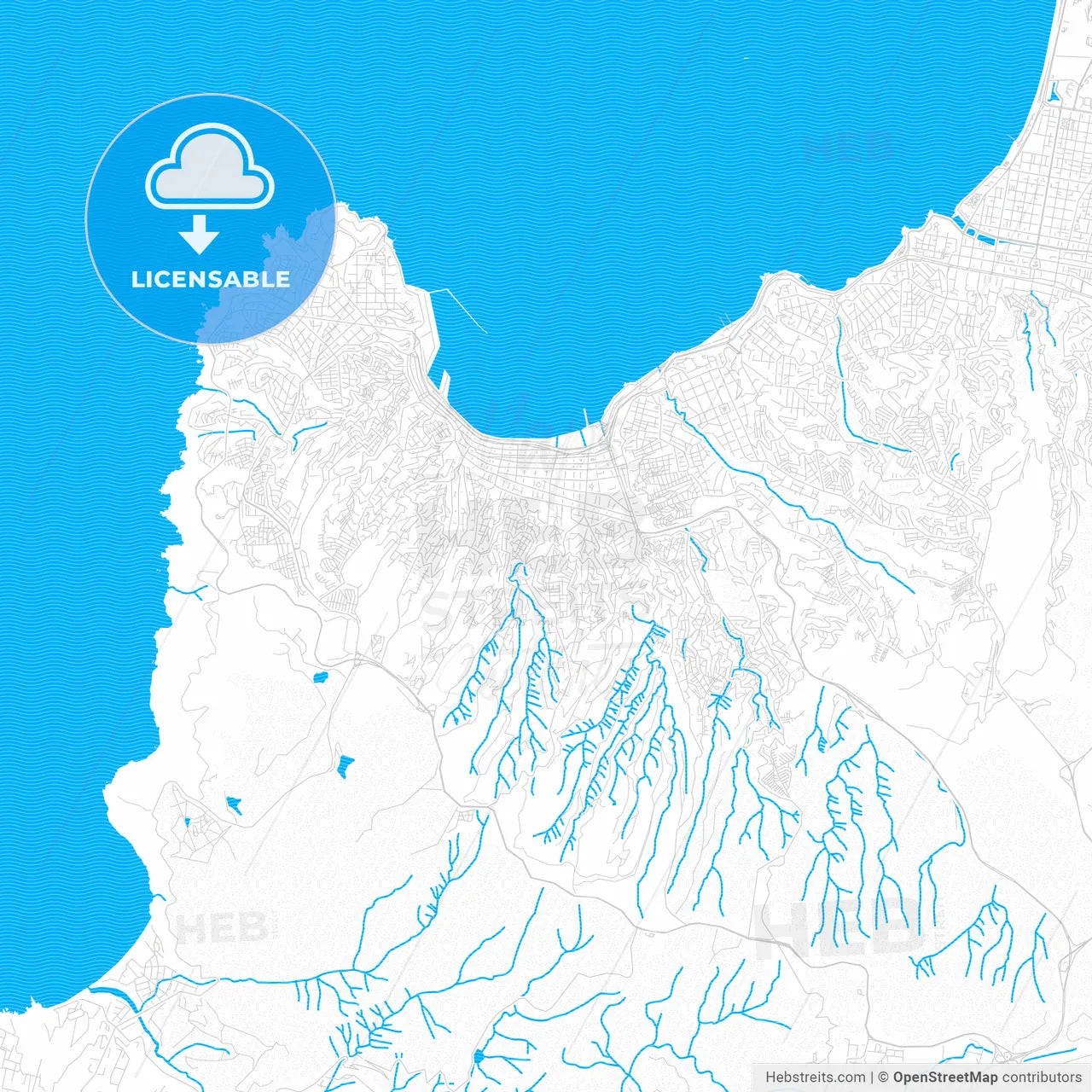 Valparaiso, Chile PDF vector map with water in focus