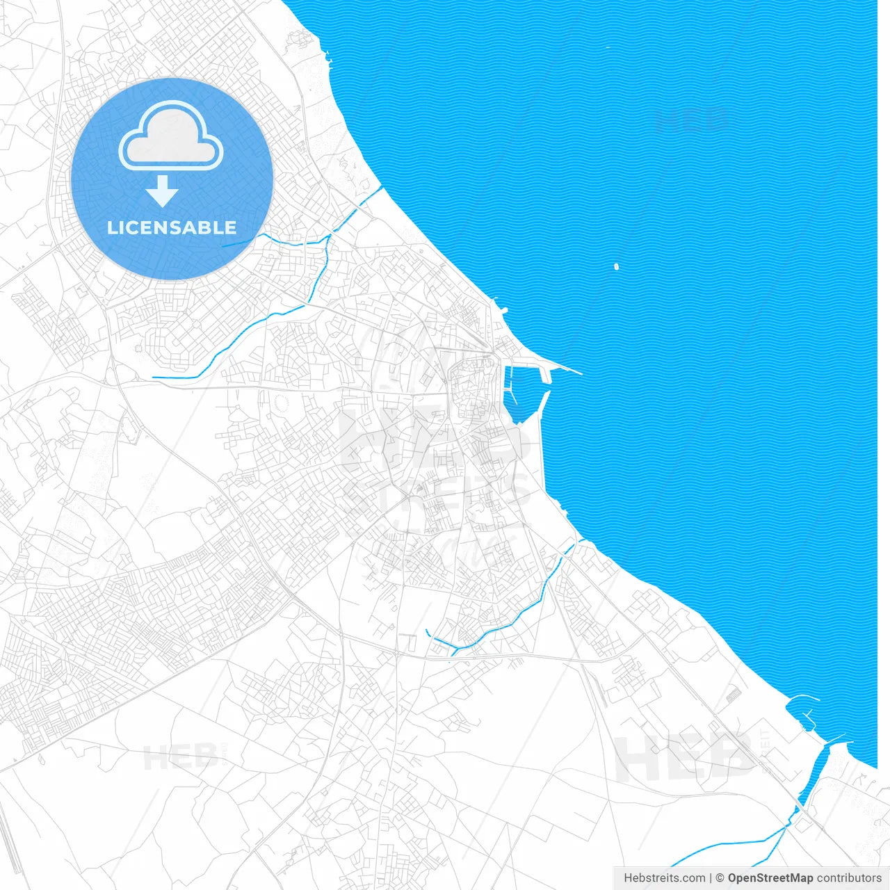 Sousse, Tunisia PDF vector map with water in focus