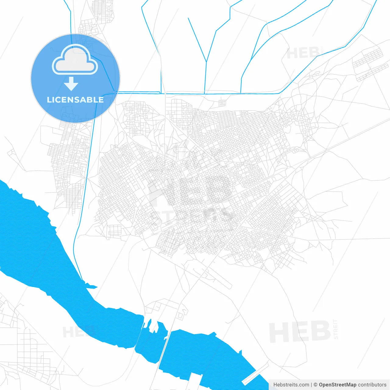 Rabak, Sudan PDF vector map with water in focus