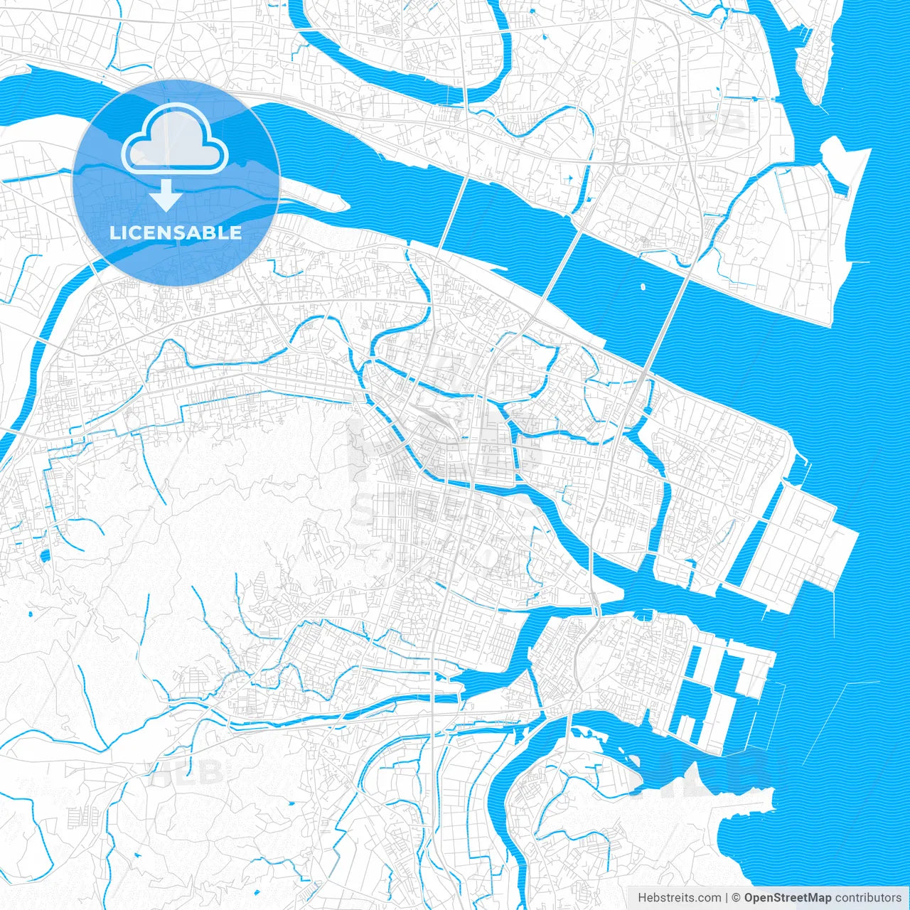 Tokushima, Japan PDF vector map with water in focus