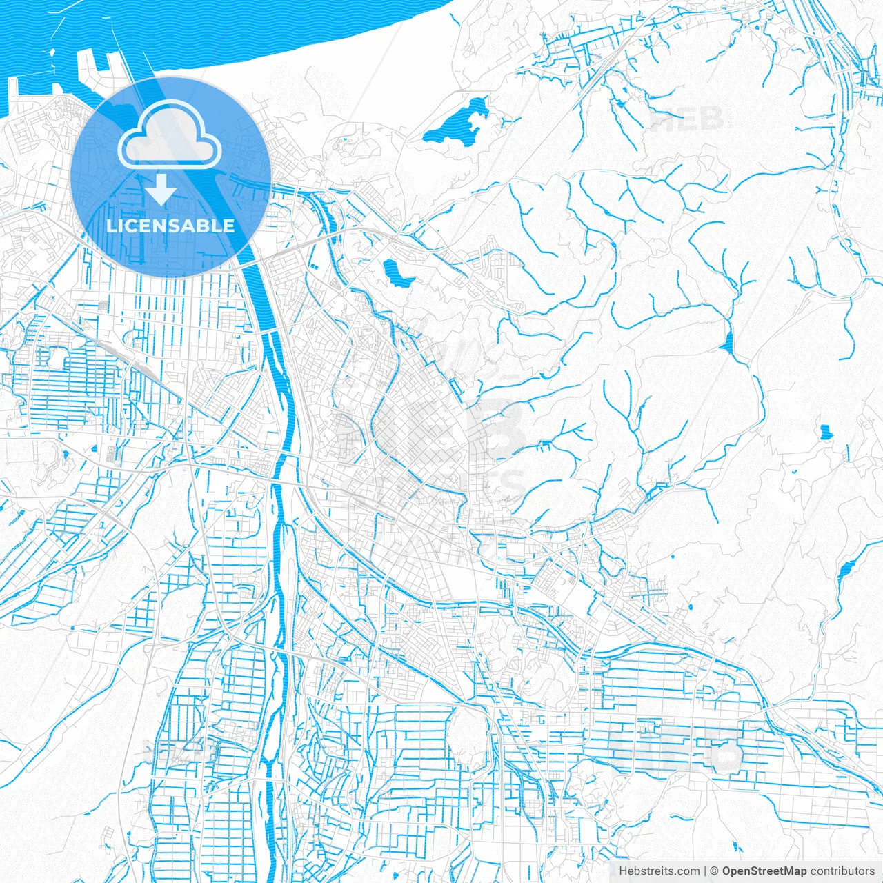 Tottori, Japan PDF vector map with water in focus