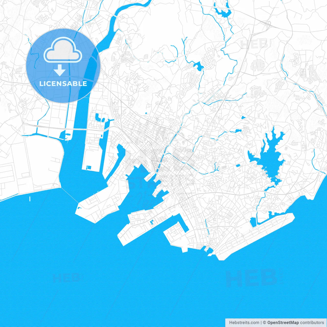 Ube, Japan PDF vector map with water in focus