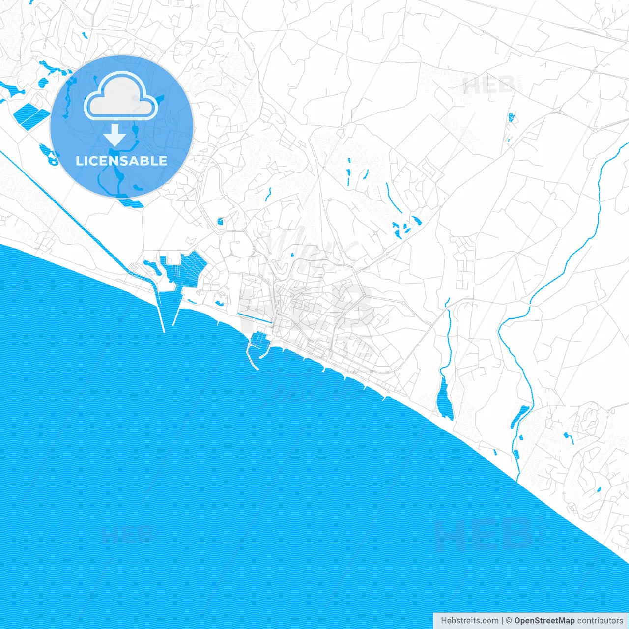Quarteira, Portugal PDF vector map with water in focus
