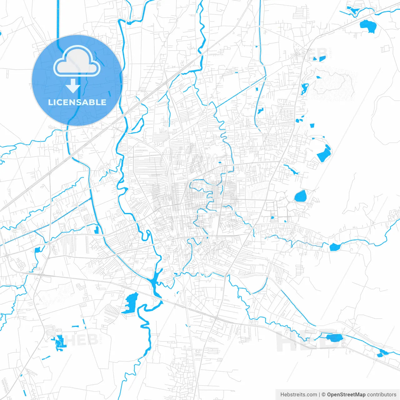 Hat Yai, Thailand PDF vector map with water in focus