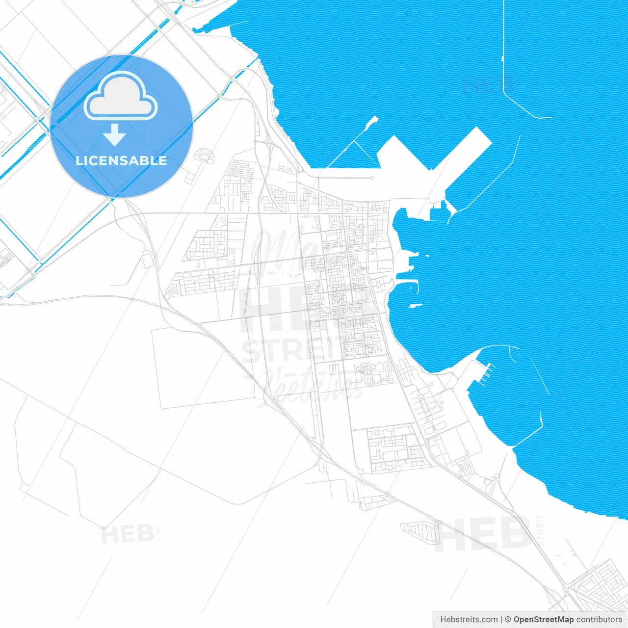 Jubail, Saudi Arabia PDF vector map with water in focus
