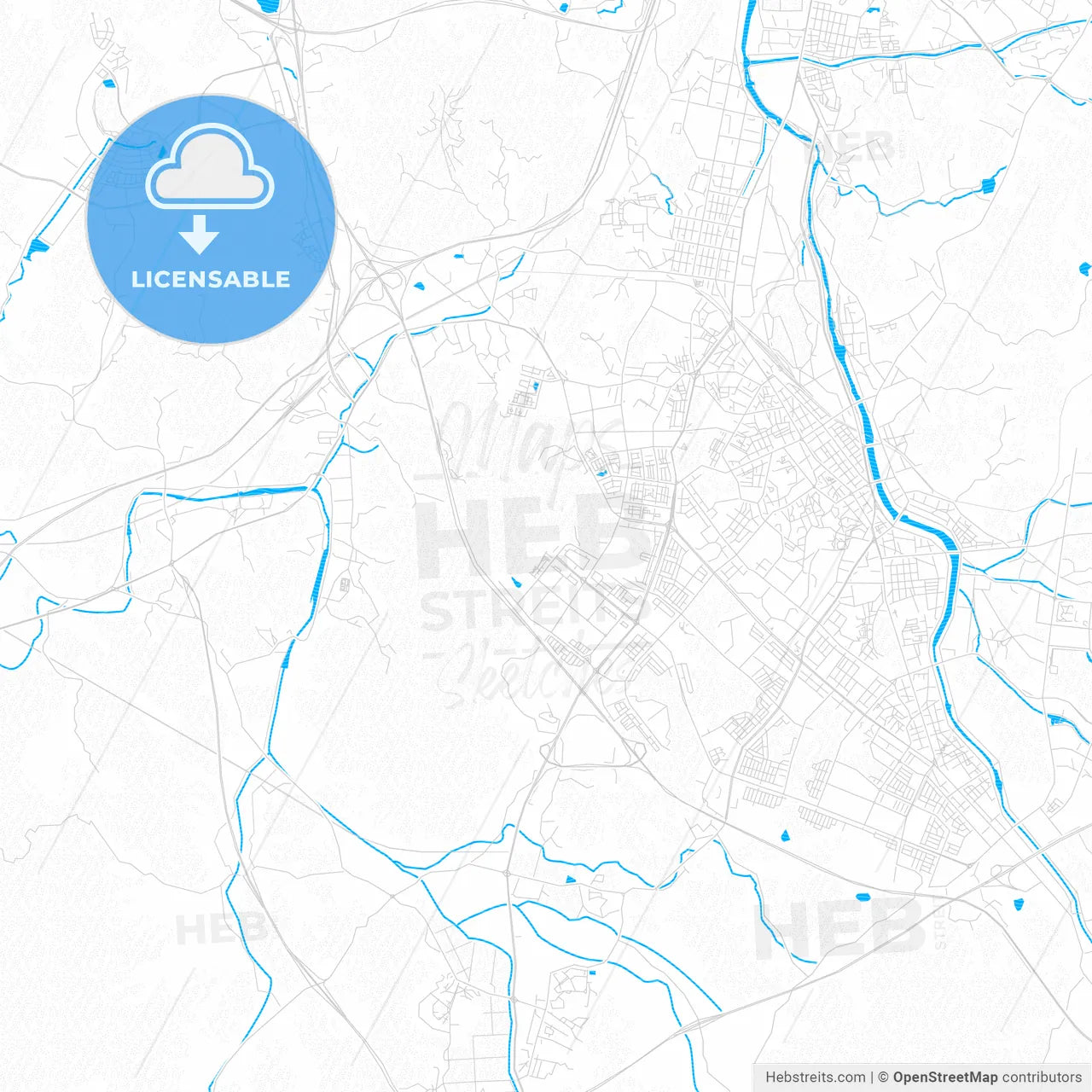 Wonju, South Korea PDF vector map with water in focus