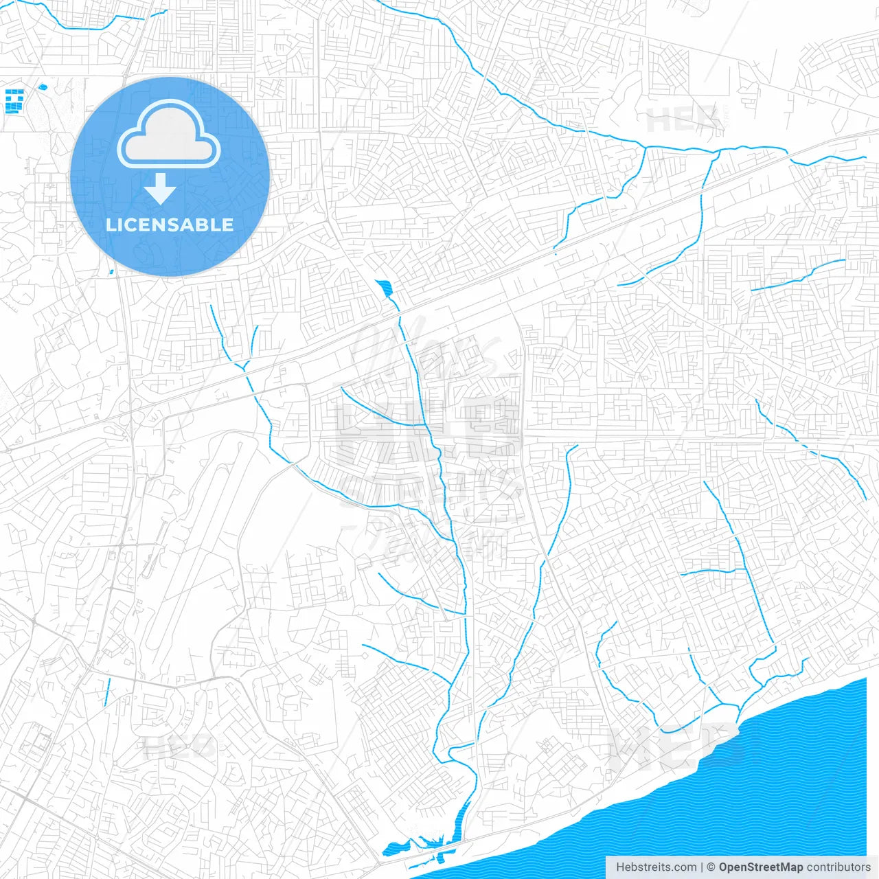 Teshi Old Town, Ghana PDF vector map with water in focus