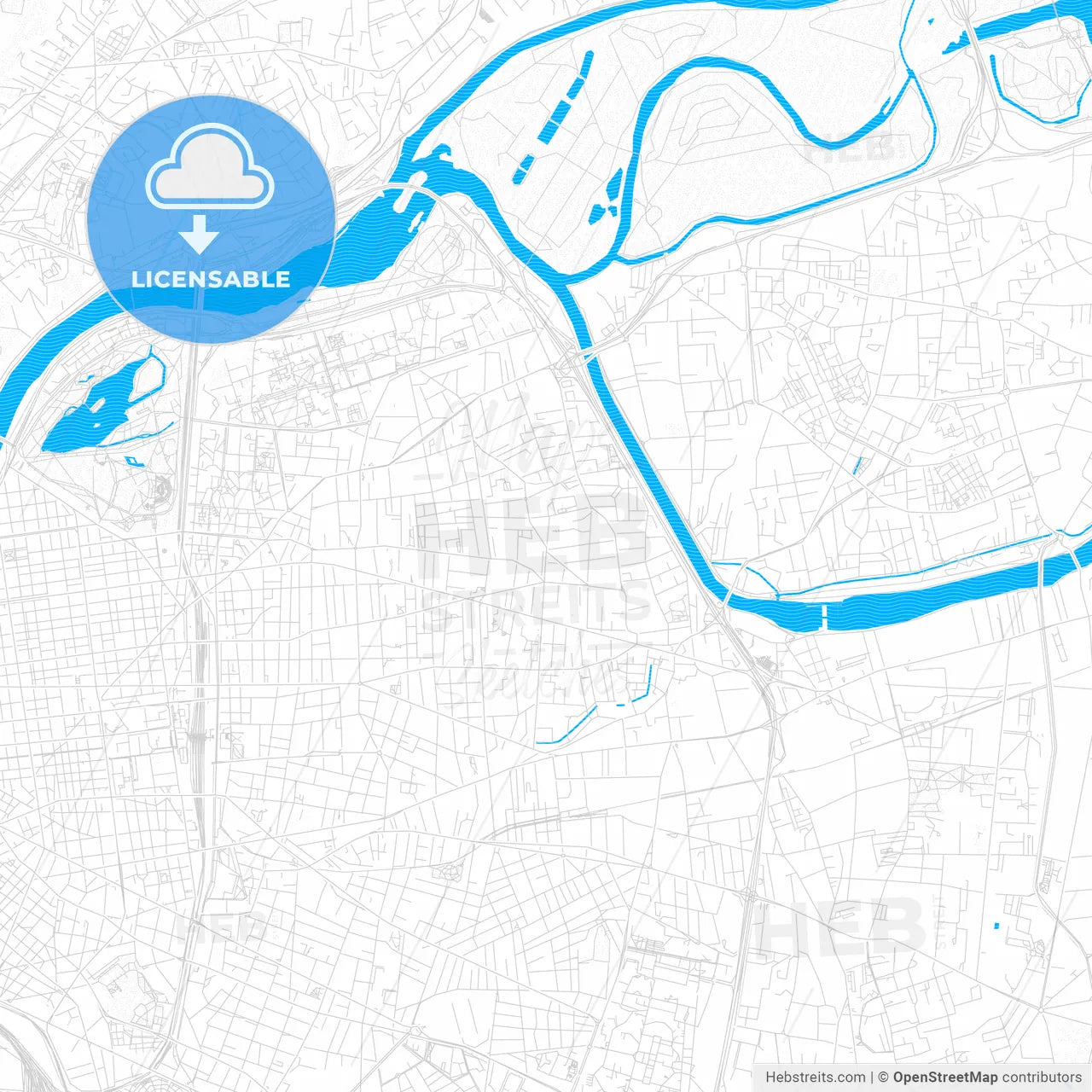 Villeurbanne, France PDF vector map with water in focus