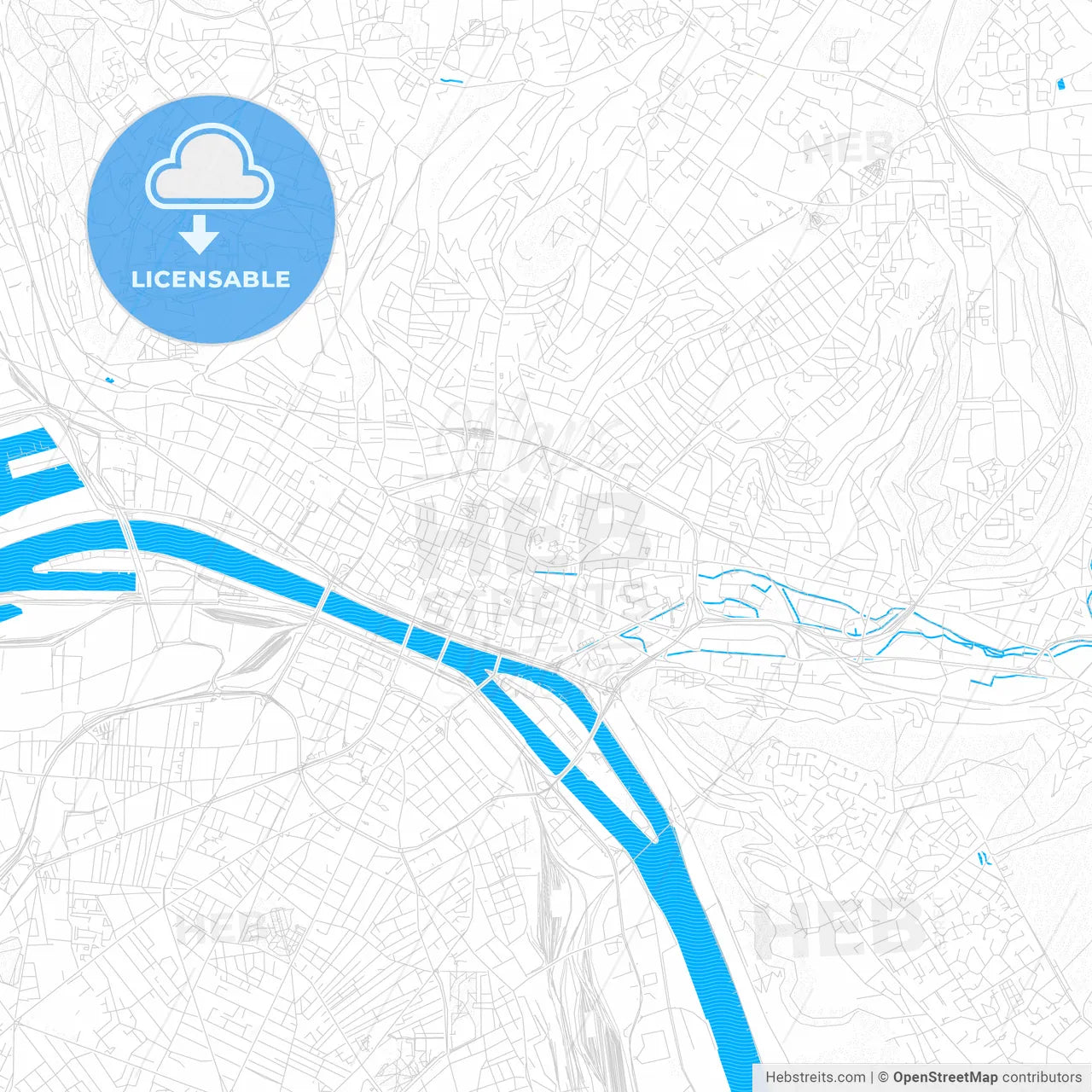 Rouen, France PDF vector map with water in focus