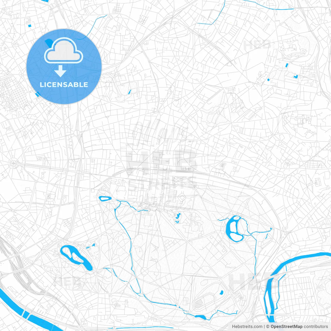 Vincennes, France PDF vector map with water in focus